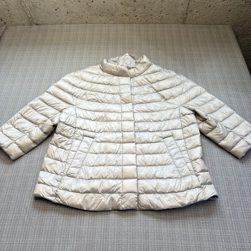 New Martha Stewart Silver Down Puffer Jacket Women Large 3/4 Sleeve Quilted